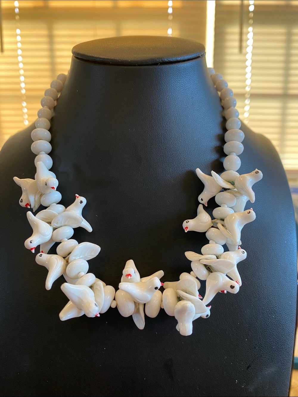 Western Germany White Milk Glass Bird Motif Beaded Necklace.